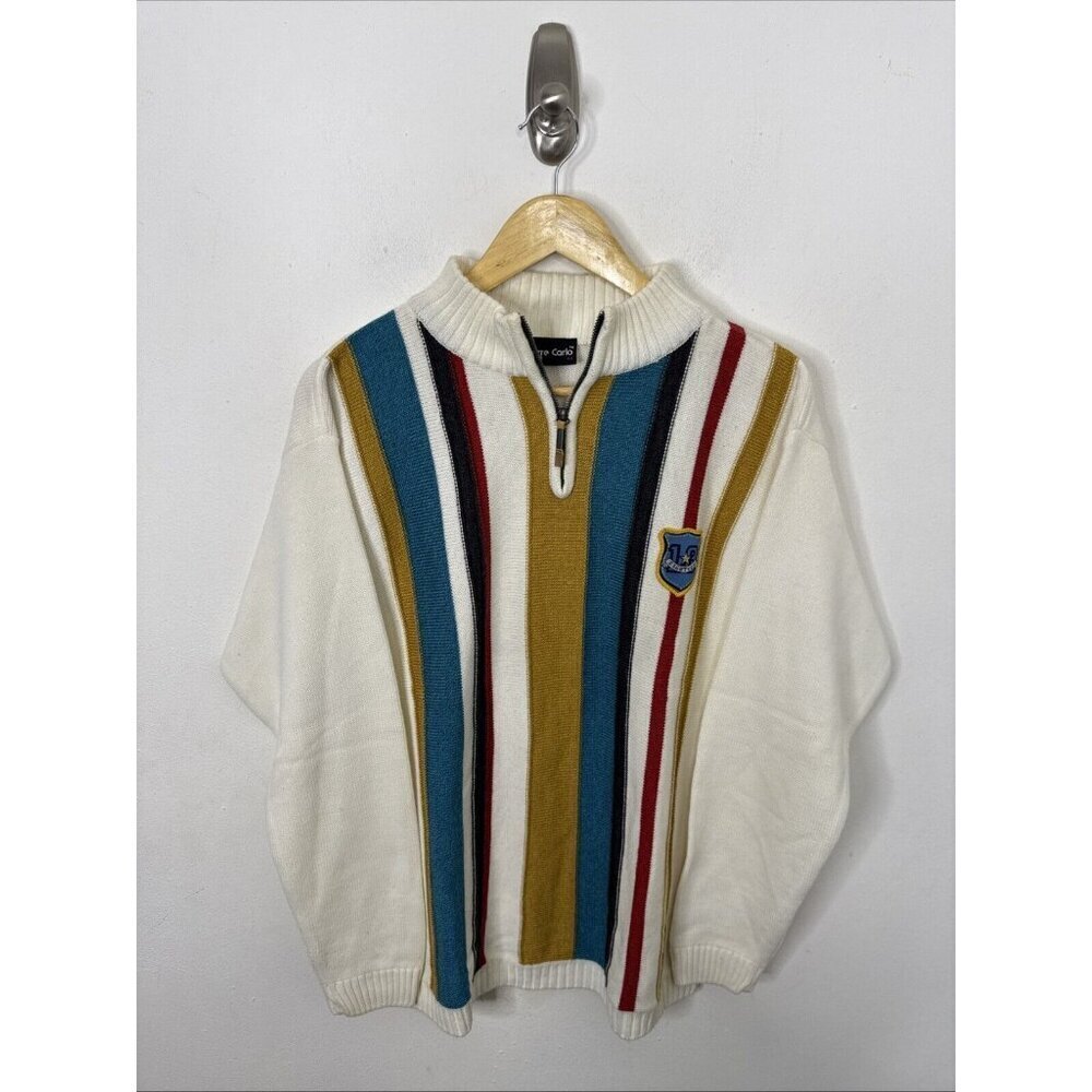 Pierre Carolo Men 44 L Knit Sweater 3D Texture Striped Preppy Tennis